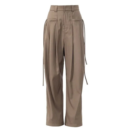 Women’s High-Waist Strap Design Wide-Leg Pants – Casual Loose Slimming Trousers for Spring & Autumn