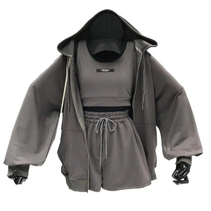 Women’s 3-Piece Casual Activewear Set – Hoodie, Drawstring Shorts & Vest | Sportswear & Lounge Outfit