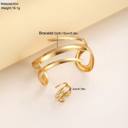 European & American Gold Geometric Jewelry Set – Thick Bracelet and Ring Combination for Women, Fashion Gift