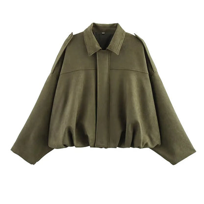 Women’s Bomber Jacket – Vintage Turn-Down Collar Loose Fashion Coat