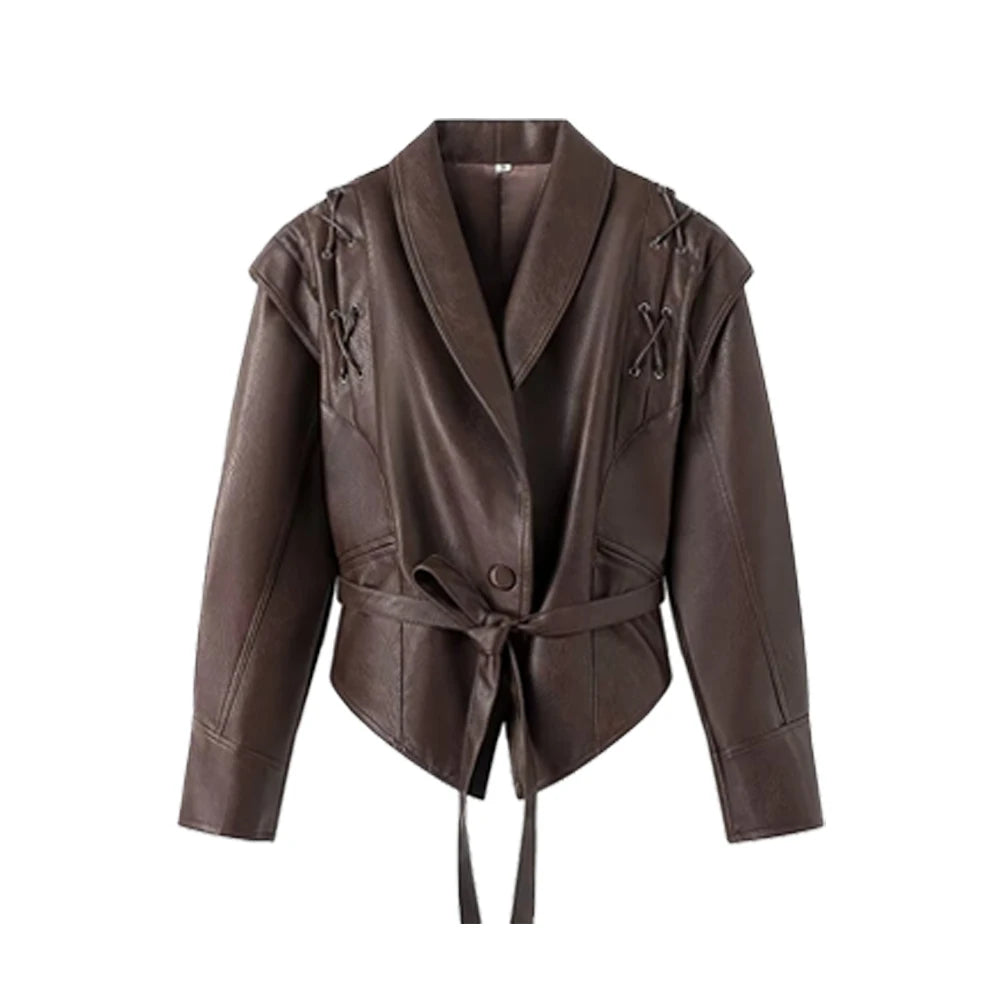Women’s Faux Leather Belted Corset Jacket – 2025 Autumn/Winter Oversized Dropped Shoulder Coat