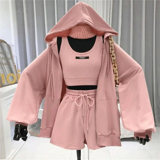 Women’s 3-Piece Casual Activewear Set – Hoodie, Drawstring Shorts & Vest | Sportswear & Lounge Outfit