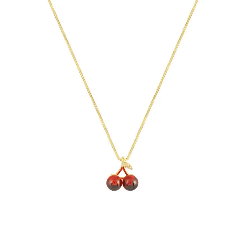 Wine Red Cherry Pendant Necklace for Women Fashion Golden Chain Fruit Jewelry Gift