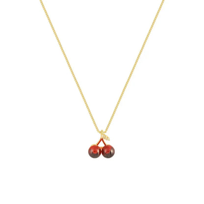 Wine Red Cherry Pendant Necklace for Women Fashion Golden Chain Fruit Jewelry Gift