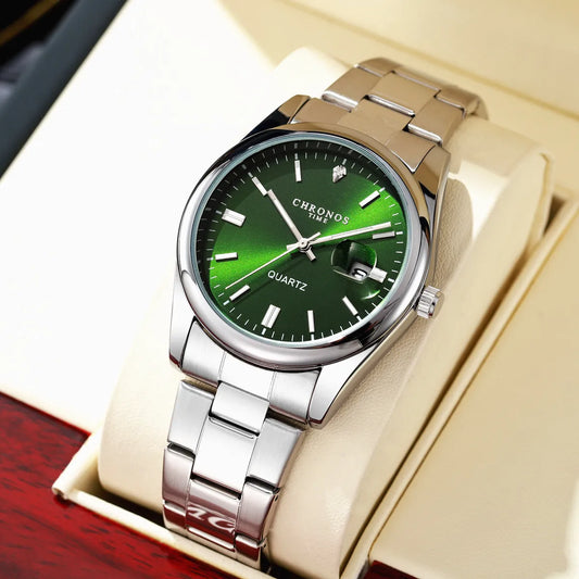 CHRONOS Luxury Men’s Stainless Steel Quartz Watch – Waterproof Luminous Date Wristwatch