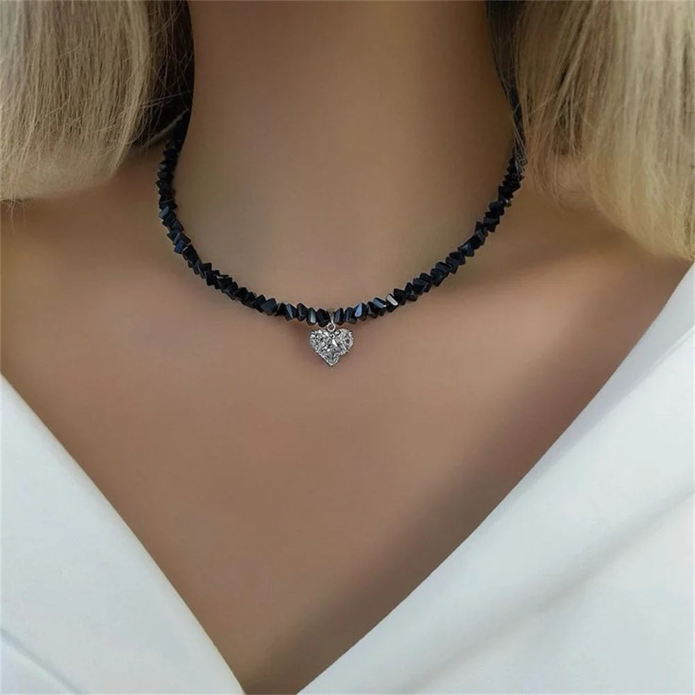 Vintage Zircon Heart Pendant Necklace for Women Boho Crystal Chain Jewelry