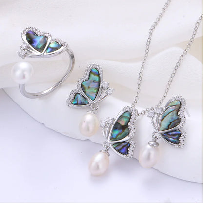 Natural Freshwater Pearl & Abalone Shell Butterfly Jewelry Set – Necklace, Earrings & Ring for Wedding and Fine Fashion