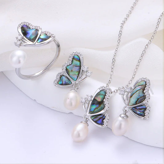 Natural Freshwater Pearl & Abalone Shell Butterfly Jewelry Set – Necklace, Earrings & Ring for Wedding and Fine Fashion