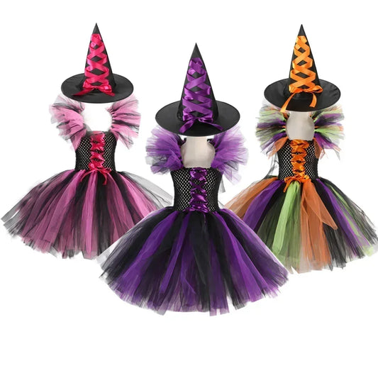 2025 Halloween Girls Witch Costume – Cosplay Tutu Knee Dress with Hat and Broom for Kids’ Carnival & Party