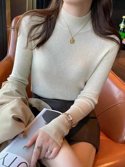 Autumn Winter Women’s Mock Neck Slim Knit Sweater