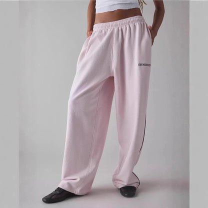 Women’s Pink Embroidered Casual Pants – Loose Straight-Leg Trousers with Elastic Waist | 2025 New Fashion