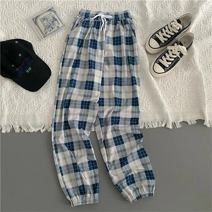 Women’s Korean Plaid Casual Pants – Loose Harajuku Harem Trousers | Summer Streetwear Fashion for Students