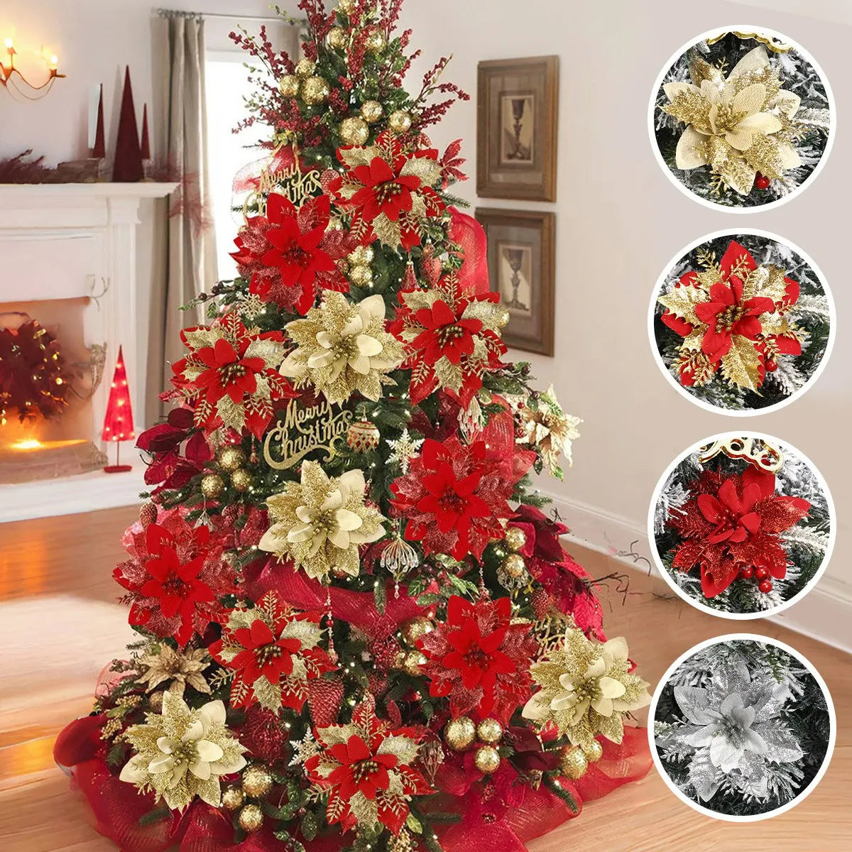 Christmas Glitter Artificial Flowers Christmas Tree Hanging Ornaments Fake Flower for Home 2025 Xmas New Year 2026 Navidad Gift