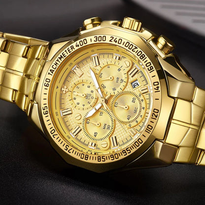 WWOOR Men’s Luxury Gold Chronograph Watch – Big Dial Waterproof Quartz Wristwatch