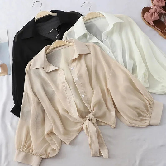 Women’s Elegant White Chiffon Blouse – Loose Fit Tied Waist Hollow Design Bat Sleeve Summer Shirt