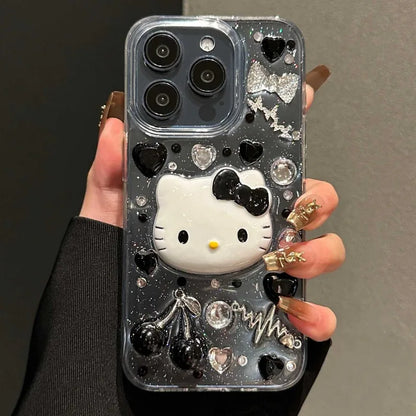 Kawayi  Hello Kitty 3d Cherry Mobile Phone Protective Case Trend Anime Fall Prevention Transparent for 14/15/16promax Xr/xsmax