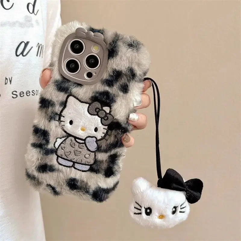 Y2k Hello Kitty Kawaii Plush Leopard Print Phone Case for Iphone 16 15 14 13 12 Pro Max Anime Autumn Winter Warm Soft Cover Gift