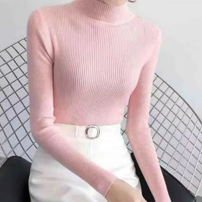 Autumn Winter Women’s Mock Neck Slim Knit Sweater
