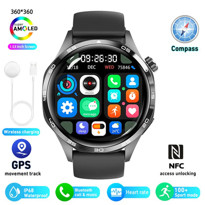 Smart Watch 5 Pro – GPS & NFC Men’s Smartwatch with 360×360 AMOLED Display, Bluetooth Call & IP67 Waterproof Heart Rate Monitor