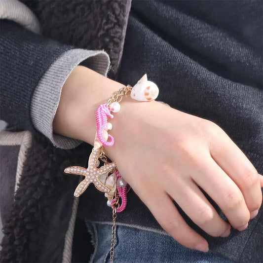 Bohemian Sea Shell & Starfish Bracelet – Imitation Pearl Beaded Adjustable Beach Jewelry for Women