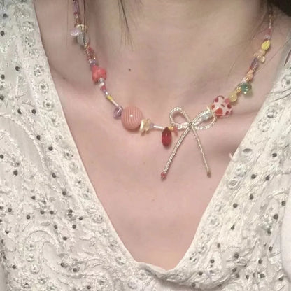 Harajuku Y2K Colorful Beaded Bow Pendant Necklace – Aesthetic Acrylic Jewelry for Women & Party Wear