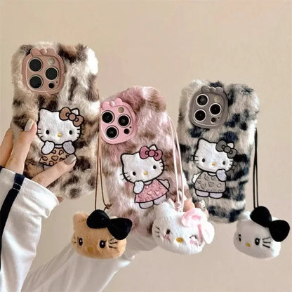 Y2k Hello Kitty Kawaii Plush Leopard Print Phone Case for Iphone 16 15 14 13 12 Pro Max Anime Autumn Winter Warm Soft Cover Gift
