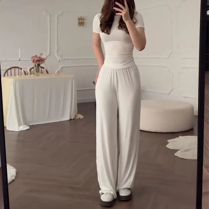 Women’s Casual Two-Piece Pants Set – Short Sleeve O-Neck T-Shirt & Elastic Waist Trousers | Spring Summer Solid Lounge Outfit