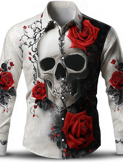 2025 Halloween Men’s Costume Shirt – Skull Print Button-Up Long Sleeve Casual Dress Shirt, Dark Gothic Style