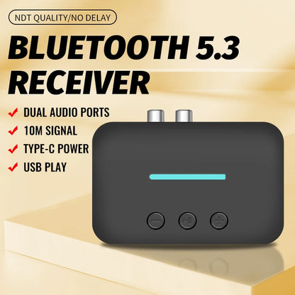USB Bluetooth 5.3 Audio Receiver – Wireless Stereo Music Adapter, 3.5mm AUX & RCA, U-Disk Playback for Desktop Speakers & Amplifiers