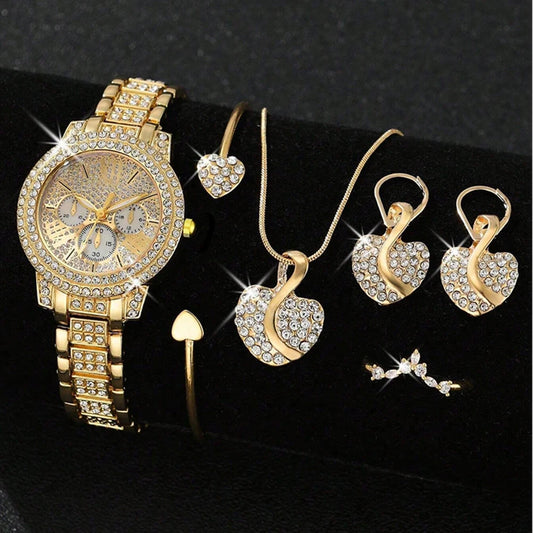 Women’s Quartz Watch & Jewelry Set – Gold Rhinestone Necklace, Ring & Earrings Luxury Fashion Wristwatch