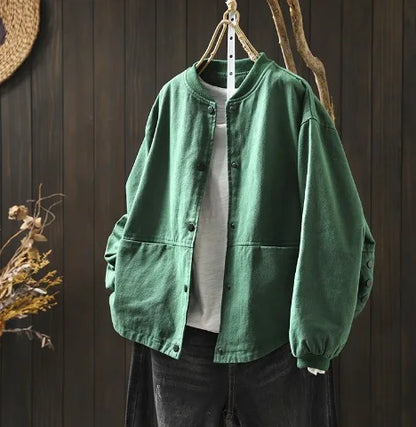 Women’s Casual Cotton Coat – 2025 Autumn Solid Color Loose Short Jacket with Double Pockets | Simple Everyday Style (T647)