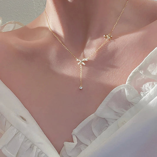 Elegant Zircon Crystal Bow Pendant Necklace – Exquisite Bowknot Tassel Clavicle Chain Jewelry Gift for Women