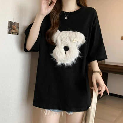 Cute 3D Plush Puppy Women’s T-Shirt – Summer Loose Cotton Half-Sleeve Top, Lazy Style Casual Tee