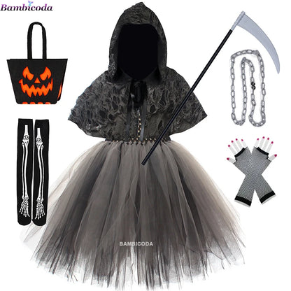 2025 Halloween Girls Demon & Death Costume – Medieval Hooded Cloak for Horror Cosplay and Party Fancy DressHalloween, Girls Costume, Demon Costume, Death Costume, Horror Costume