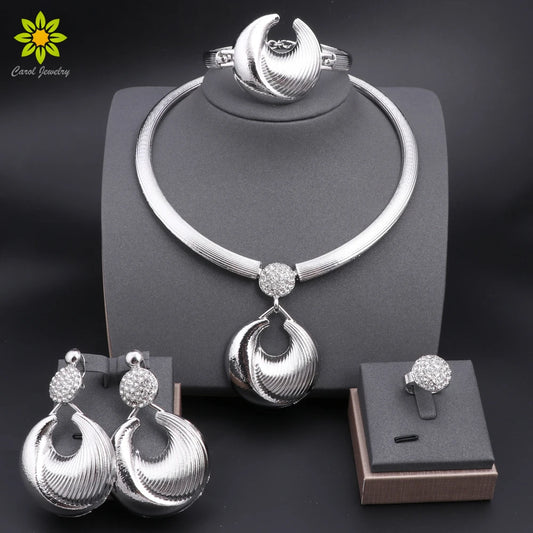 Dubai Silver Plated Luxury Jewelry Set – Women’s Necklace, Earrings, Bracelet & Ring for Wedding and Party