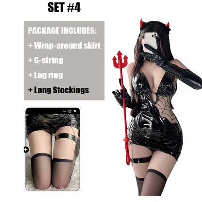 2025 Halloween Sexy Witch Lingerie Costume – Seductive Spider PU Faux Leather Bodycon Dress with Stockings for Women Cosplay