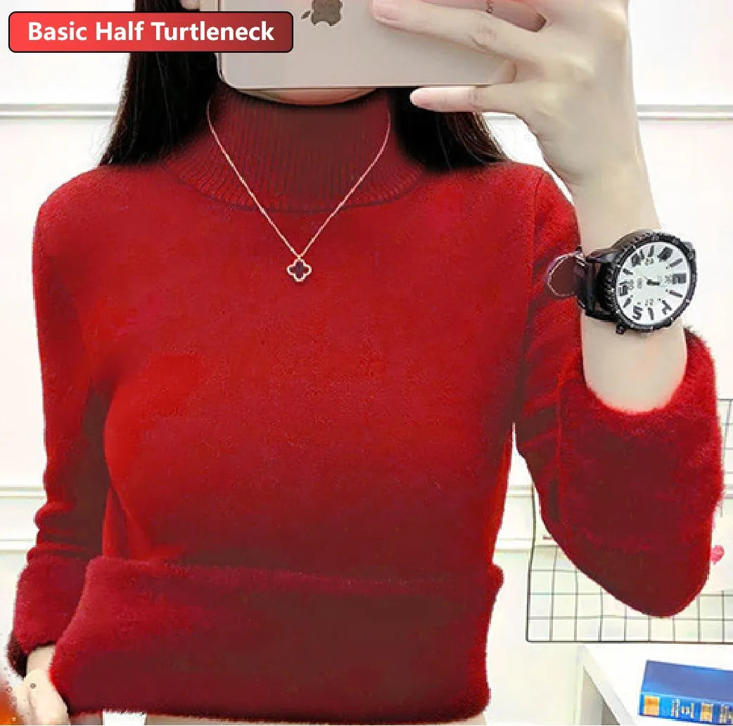 Women’s Turtleneck Knitted Sweater – Elegant Thick Velvet-Lined Warm Winter Pullover