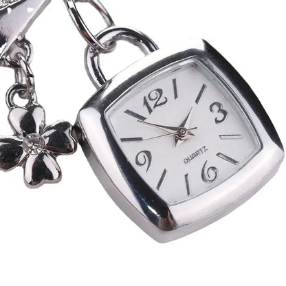 Women’s Rhinestone Chain Bracelet Watch – Letter Design Flower Pendant Dress Wristwatch Gift Zegarek Damski
