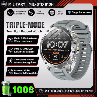 2025 T-Rex 3 Smart Watch – 1.75” HD Large Screen Military Sport Smartwatch with Dual-Band GNSS, Compass & IP68 Waterproof Rating