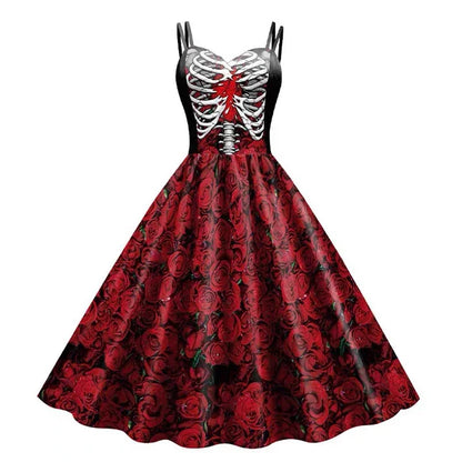 2025 Halloween Women’s Skull Print Halter Dress – Sleeveless Tunic Vintage Party Dress, Gothic Masquerade Vestido