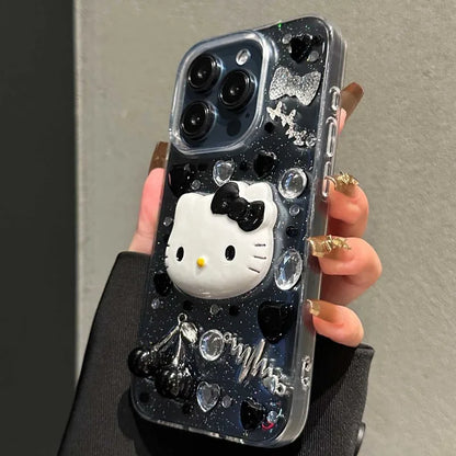 Kawayi  Hello Kitty 3d Cherry Mobile Phone Protective Case Trend Anime Fall Prevention Transparent for 14/15/16promax Xr/xsmax