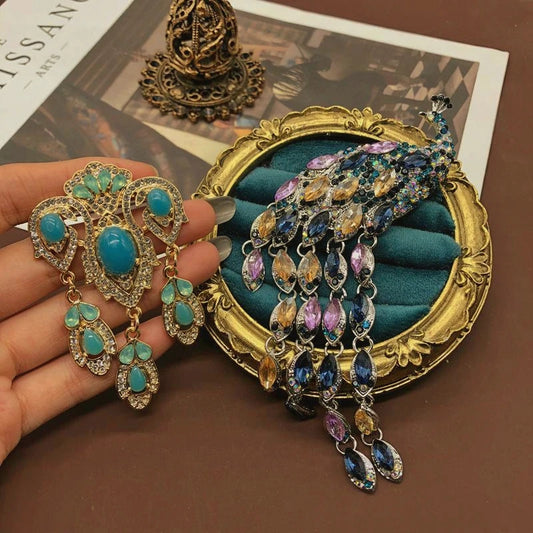 Peacock Phoenix Crown Tassel Brooch โ Elegant Colorful Blue Gemstone & Rhinestone Pin Jewelry