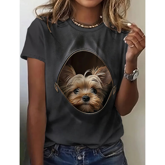Cartoon Dog Funny Women’s T-Shirt – 3D Print Cute Character O-Neck Casual Short Sleeve Top
