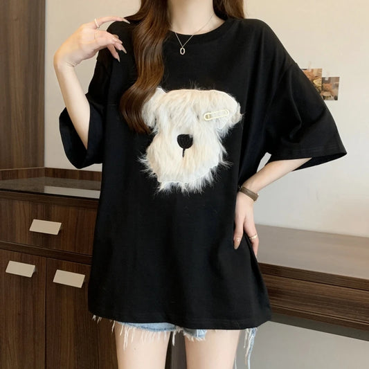 Cute 3D Plush Puppy Women’s T-Shirt – Summer Loose Cotton Half-Sleeve Top, Lazy Style Casual Tee