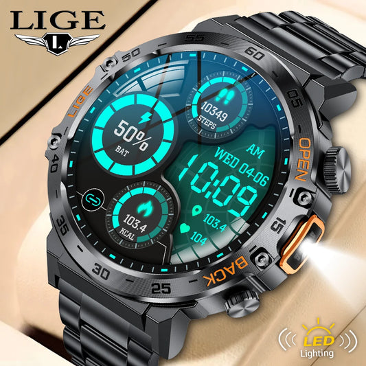 LIGE 2025 Smart Watch for Men – 360×360 AMOLED HD Display Waterproof Fitness Smartwatch with Flashlight (Android & iOS Compatible)