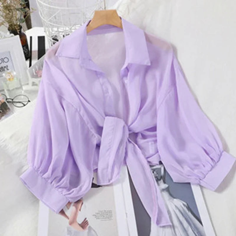 Women’s Casual White Chiffon Blouse – Hollow Bat Half Sleeve with Tied Waist & Buttons | Summer Elegant Top