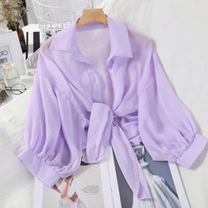 Women’s Casual White Chiffon Blouse – Hollow Bat Half Sleeve with Tied Waist & Buttons | Summer Elegant Top