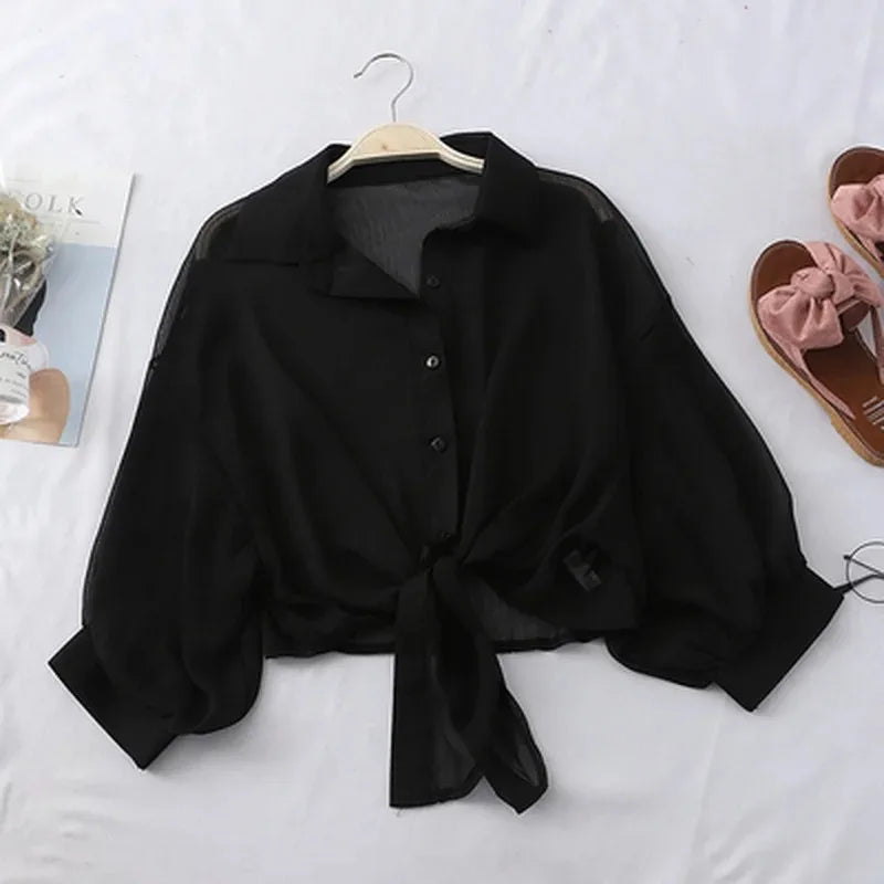 Women’s Casual White Chiffon Blouse – Hollow Bat Half Sleeve with Tied Waist & Buttons | Summer Elegant Top
