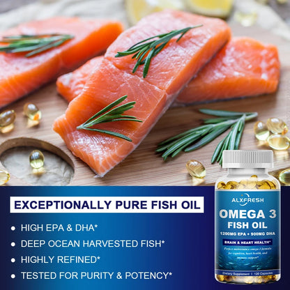 Alxfresh Wild Caught Omega-3 Fish Oil 3600mg – High EPA 1300mg & DHA 900mg – 120 Softgelsf