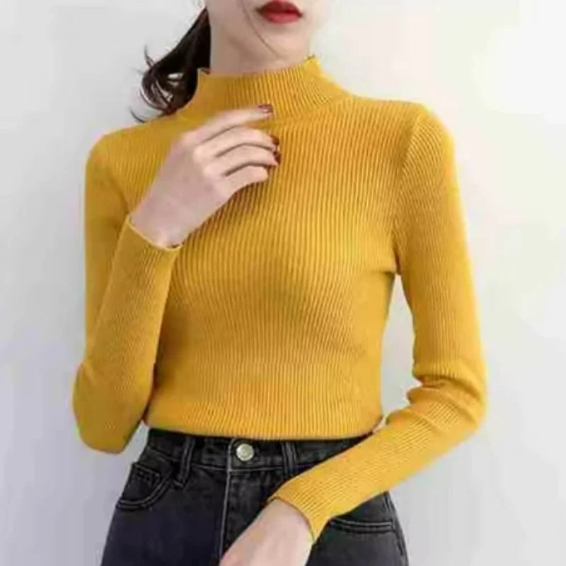 Autumn Winter Women’s Mock Neck Slim Knit Sweater